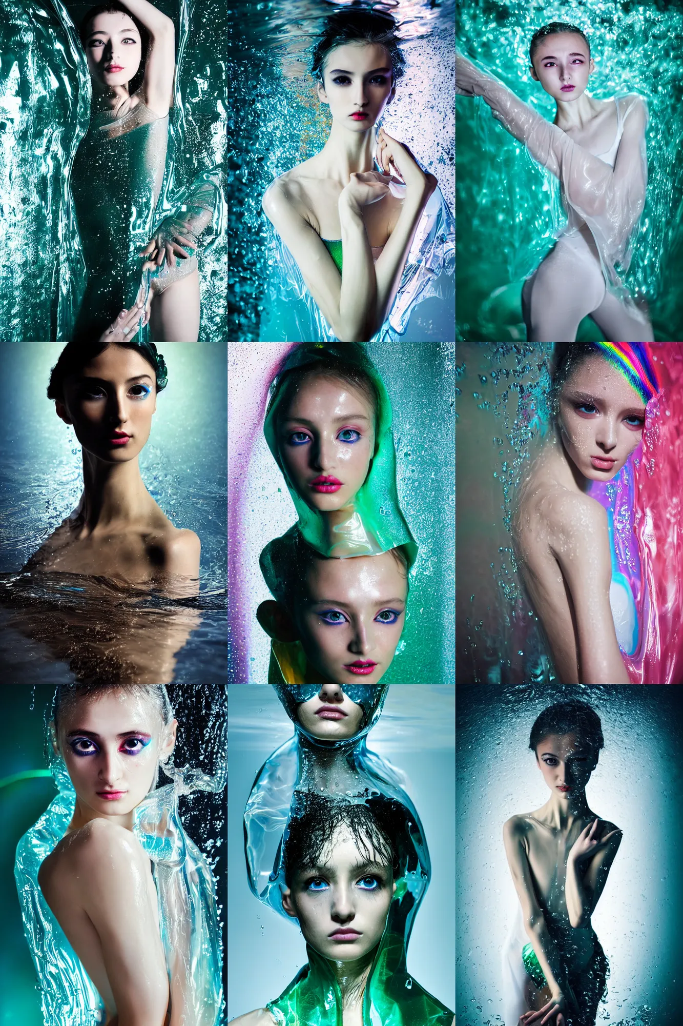 Prompt: Beautiful Sergey Piskunov seinen manga Fashion photography portrait of feminine ballet dancer half submerged in heavy nighttime paris floods, water to waste, wearing a translucent refracting rainbow diffusion wet plastic zaha hadid designed specular highlights raincoat, épaule devant pose;pursed injected white restylane lips;,pixie hair,;oversized emerald eyes;,petite nose; by Nabbteeri, épaule devant pose, ultra realistic, Kodak , 8K, 15mm lens, three point perspective, chiaroscuro, highly detailed, by moma, by Nabbteeri