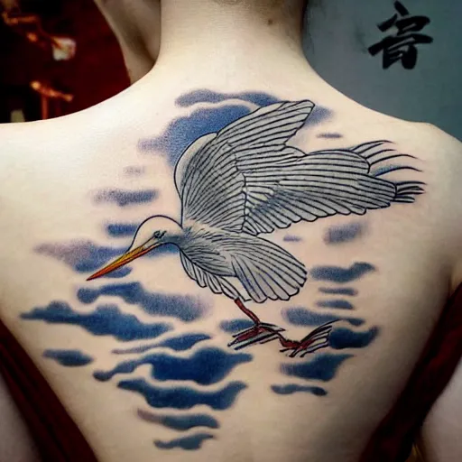 Prompt: a flying egret, traditional japanese tattoo illustration