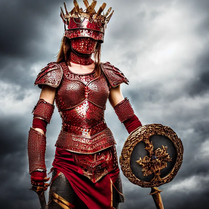 Image similar to full body portrait photo of a beautiful strong warrior queen wearing ruby encrusted armour, highly detailed, 4 k, hdr, smooth, sharp focus, high resolution, award - winning photo