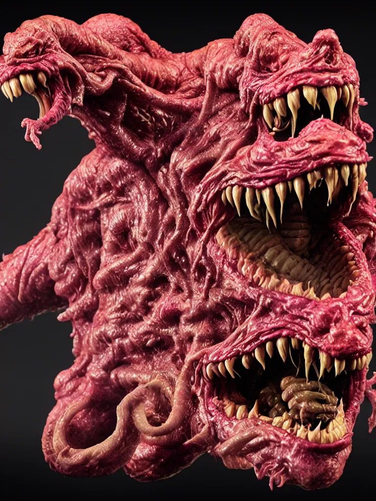 Prompt: hyperrealistic rendering, fat smooth wet cronenberg flesh monster smooth kaiju by art of skinner and richard corben and jeff easley, product photography, action figure, sofubi, studio lighting, colored gels, skulls and ribcages