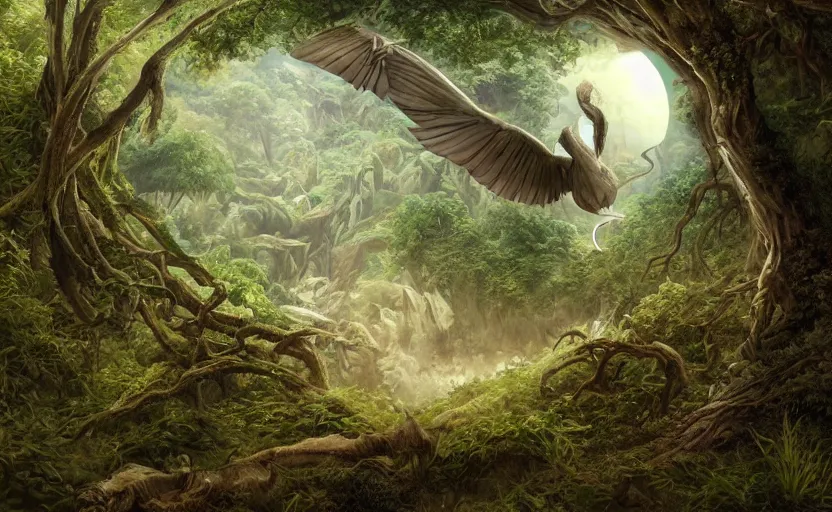 Prompt: a beautiful matte painting of a miocene eldritch terror bird emerging out of a portal into a lush forest, art by kelly freas and joe sorren, f 1 6, trending on artstation