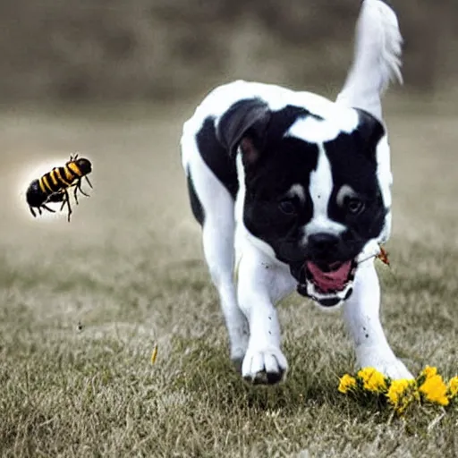 Prompt: amber herds dog stepping on a bee photograph taken by paparazzi