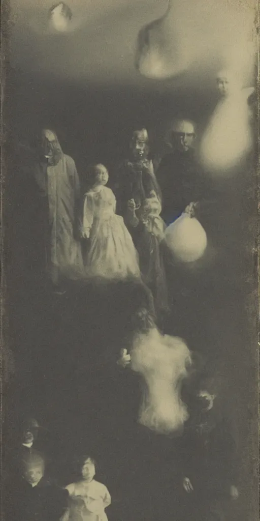 Prompt: spirit photography with glowing bulbous ectoplasm, scary reed people, sleep paralysis demon, 1 9 0 0 s, slimer, mourning family, invoke fear and dread, old photograph, daguerreotype