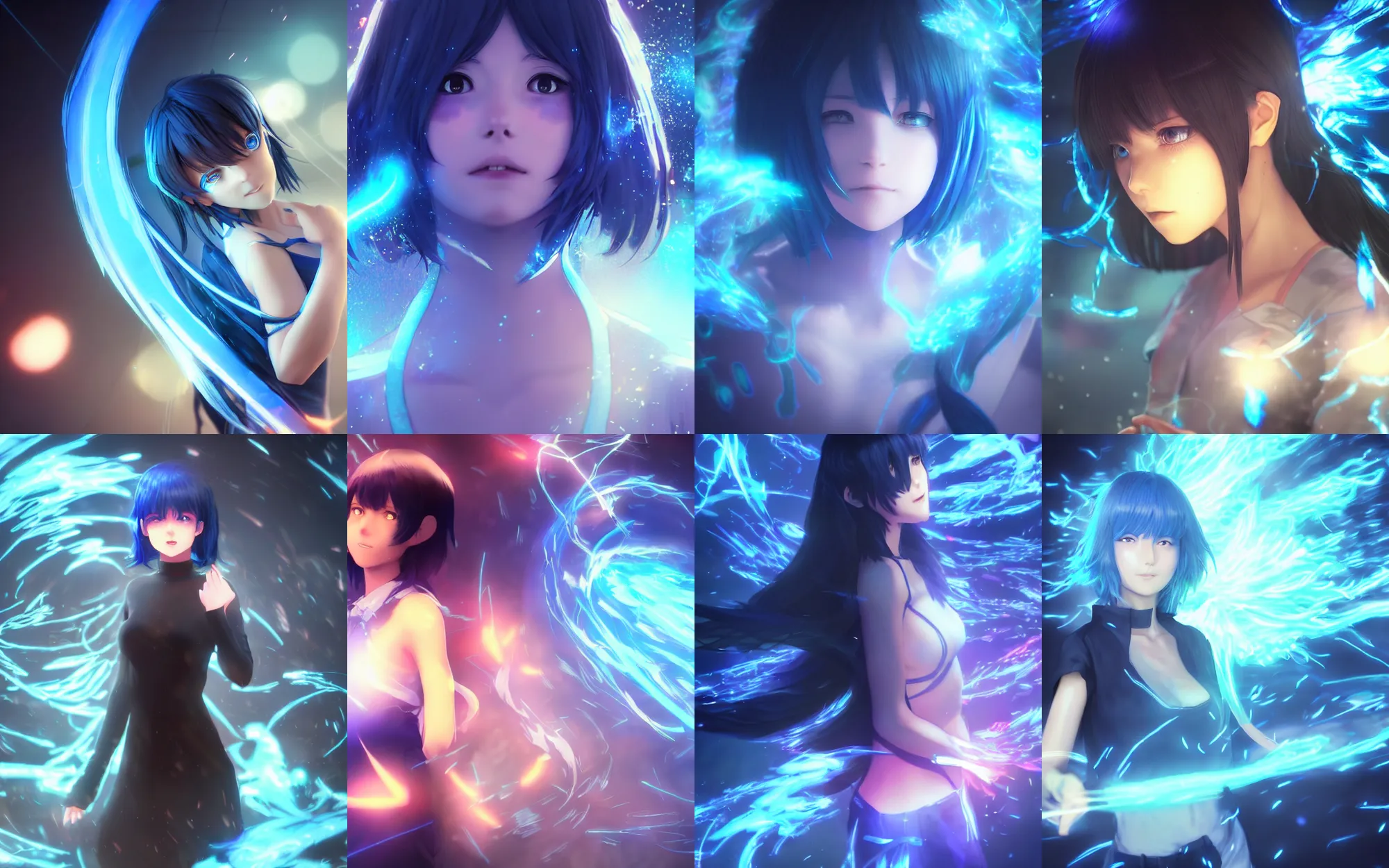 Prompt: dark - haired girl with a blue mystic light aura, short hair, timid, pensive, walking forward, blue glowing flowing energy, anime art by wlop and mobius, octane render