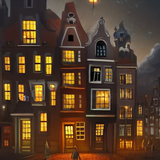 Prompt: a magical town with very tall and extremely crooked buildings, inspired by amsterdam and victorian england, night time, digital painting, highly detailed, concept art, game art, matte painting, trending on artstation
