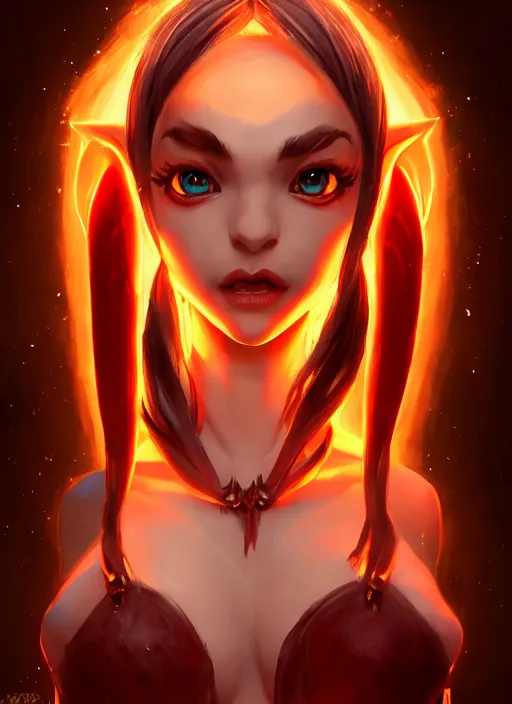 Image similar to imp demon goddess, cute elf ears, strapless dress, character portrait in the style of thomas river and artgerm, cinematic lighting, hyperdetailed, 8 k realistic, symmetrical, global illumination, radiant light,, frostbite 3 engine, cryengine, dof, trending on artstation, digital art, chanel