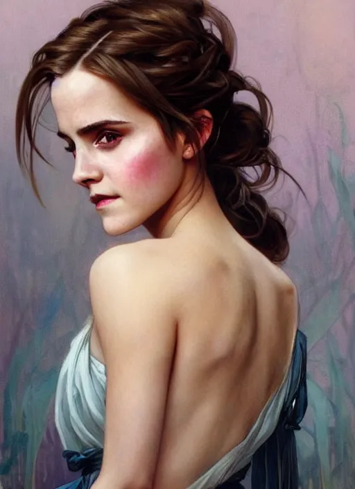Image similar to oil painting of emma watson giving seductive look. beautiful detailed face. by artgerm and greg rutkowski and alphonse mucha