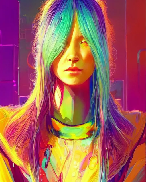 Prompt: colorful full body portrait of a hippie, set in the future 2 1 5 0 | highly detailed | very intricate | symmetrical | professional model | cinematic lighting | award - winning | painted by mandy jurgens and ross tran | pan futurism, dystopian, bold colors, cyberpunk, groovy vibe, anime aesthestic | featured on artstation