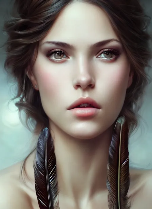 Image similar to a gorgeous female photo, professionally retouched, soft lighting, wearing a feather dress, realistic, smooth face, perfect eyes, wide angle, sharp focus on eyes, 8 k high definition, insanely detailed, intricate, elegant, art by artgerm and greg rutkowski and stefan kostic