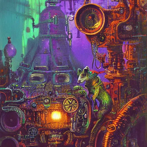 Image similar to steampunk rat, acid, 303, psychedelic, by paul lehr