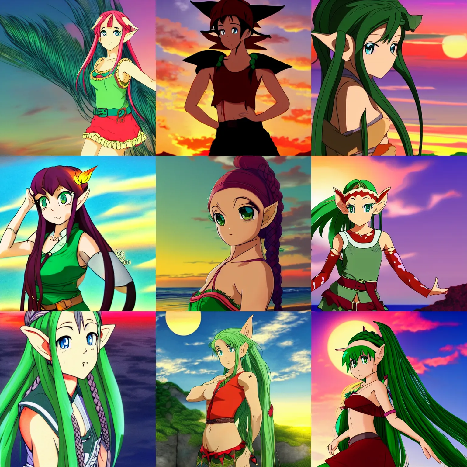 Prompt: beautiful elf girl with braided green hair posing with a sunset background, anime in the style of ranma 1 / 2