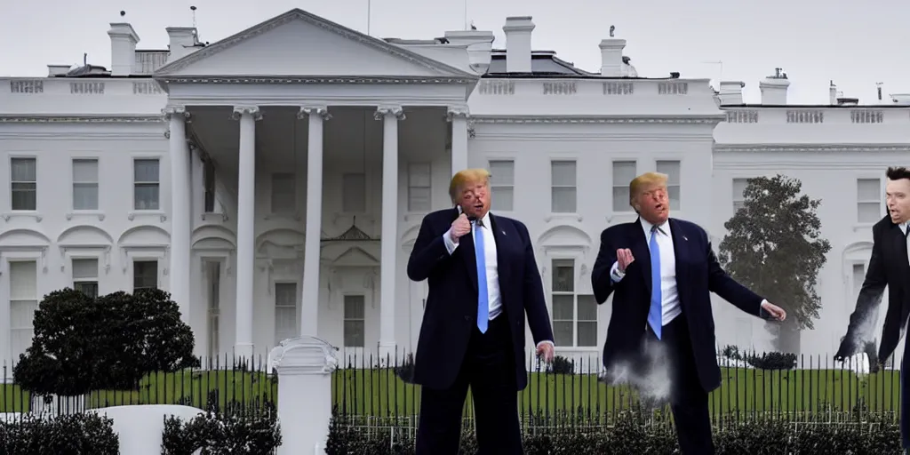 Prompt: a professional cinematic photo of one single donald trump fighting one single elon musk on top of white house. extremely high fidelity. key light.