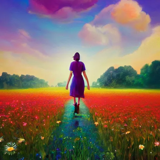 Prompt: giant daisy flower in front of head, full body girl walking in a flower field, surreal photography, sunrise, dramatic light, impressionist painting, colorful clouds, digital painting, artstation, simon stalenhag