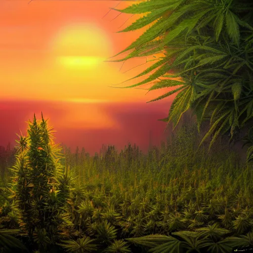 Image similar to an amazing deep painting of a marijuana world, intricate detail, sunset, idyllic, serene, volumetric lighting, 8 k, photorealistic, digital art trending on artstation