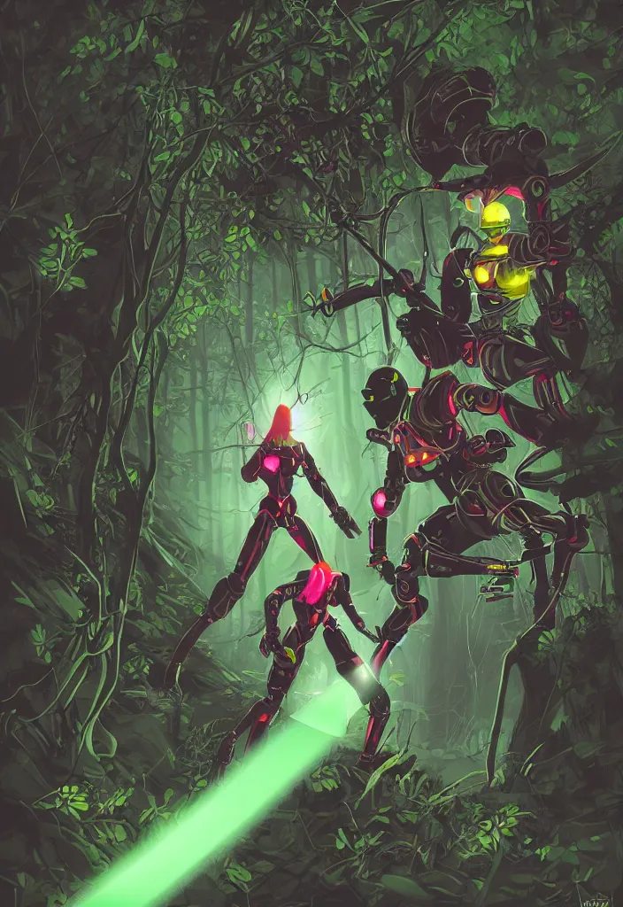 Prompt: , woman with illuminated katana and robot soldier with neon gloves fighting a shadow creature in the forest at night, grand scale , digital effects fantasy ,digital art, illustration, stylized, cel shaded