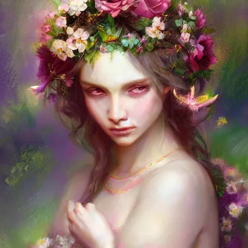 Image similar to flower goddess, pastel colors, pearlescent, fantasy, featured on artstation, in the style of daniel gerhartz and krenz cushart, Alexis Franklin, Thomas River, WLOP, Artgerm