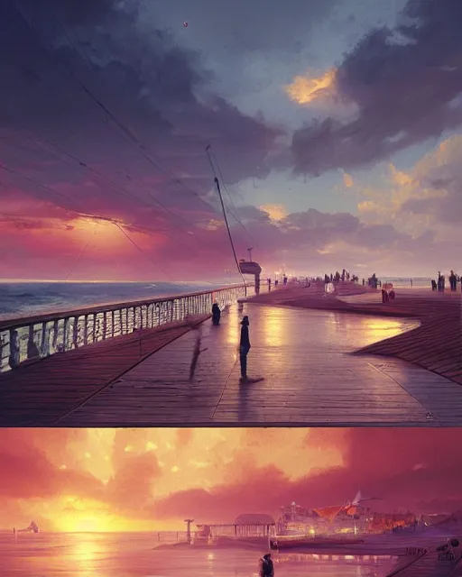 Image similar to marmalade sky with boardwalk along the ocean, trending on artstation, cgsociety, polycount, illustrated by greg rutkowski, intricate, detailed