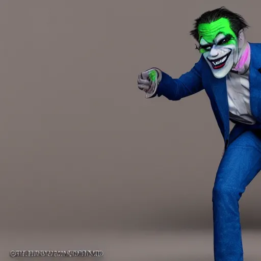 Prompt: octane render of a human version of the trollface meme with joker makeup and wearing a suede jacket and jeans, 8 k, very detailed, very intricate, white background,