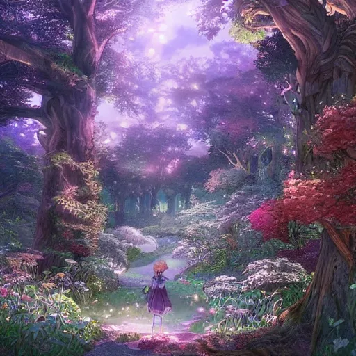 Image similar to the aesthetic view of the beautiful, grand, wistful, dreamy hidden forest at dusk, hyperrealistic anime illustration by iralki nadar, colorful, extremely detailed, intricate linework, super sharp focus, bright colors, octopath traveler, studio ghibli, unreal engine 5 highly rendered, global illumination, radiant light, detailed and intricate environment