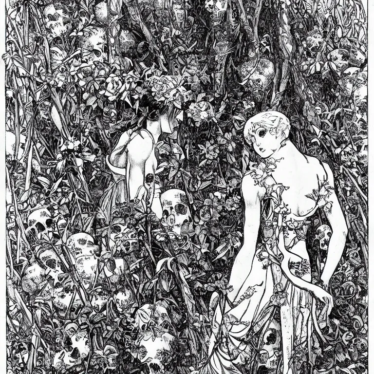 Image similar to an illustration from 1 8 9 9 of a young goddess peering from behind an enormous conical pile of skulls with huge flowers on tall stalks behind her, manga style of kentaro miura