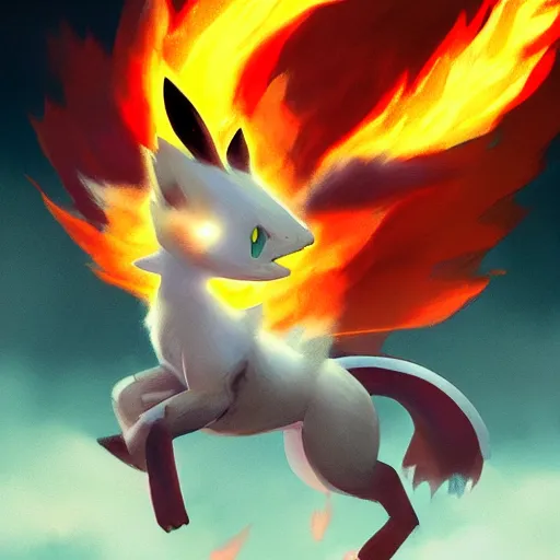 Prompt: pokemon fox rapidash of fire, artstation greg rutkowski, cinematic, hyperrealist, digital art