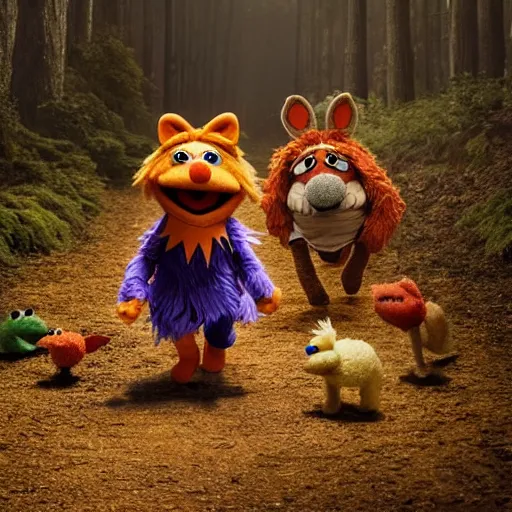 Image similar to a fox muppet wearing a hooded cloak herding a bunch of random muppet animals following behind through a dark forest, sesame street, photograph, photography, ultrarealistic, national geographic