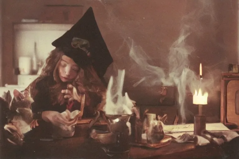 Image similar to polaroid 1 9 8 0's photo, close up portrait, dramatic lighting, concentration, calm confident teen witch and her cat reading tarot card, incense smoke fills the air, a witch hat and cape, ingredients on the table, apothecary shelves in the background, still from harry potter