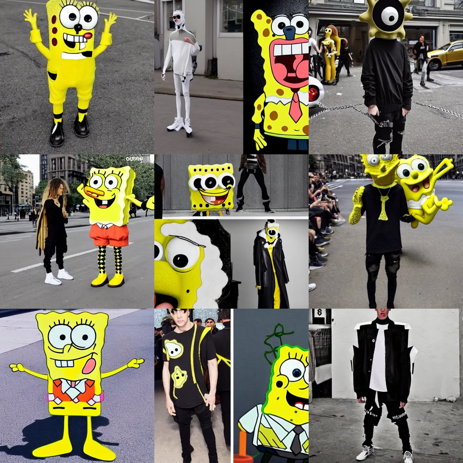 Prompt: Spongebob in real life wearing Rick Owens clothing, avant garde fashion look and clothes, outfit photograph, trending on r/Streetwear, Rick Owens