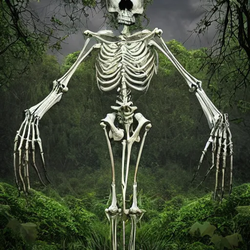 Image similar to a gigantic ethereal godlike skeletal being at the edge of a city, ancient, covered in overgrown leaves and vines and plants, hdr, digital art, dramatic composition