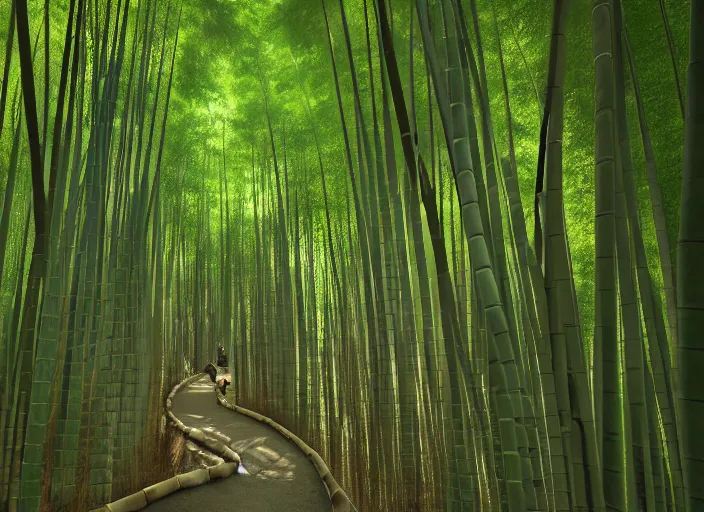 Image similar to deep in a japanese bamboo forest, worn down path middle frame, rule of thirds, sunny, cartoony, anime style, mid day, realistic lighting, by ghibli studio, arcane, wild rift, trending on artstation, 4 k, hd