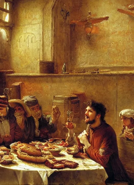 Image similar to young man eating a burger in a medieval dinning room, surrounded by starving people in front of a giant painting, extremely realistic and highly detailed painting by gaston bussiere, soft light, gold ratio