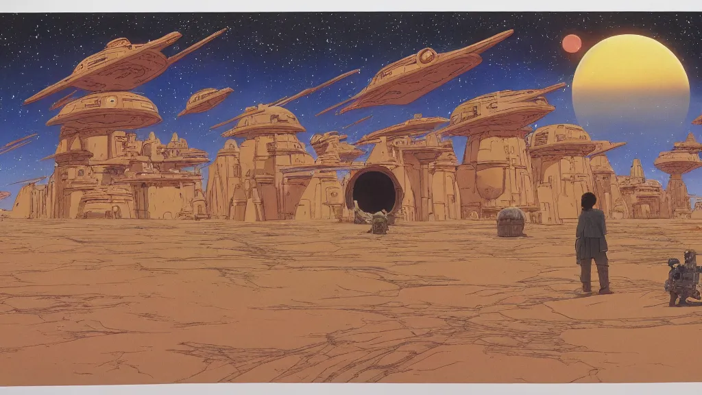 Image similar to tatooine landscape Star Wars a new hope 1977 studio ghibli highly detailed 70mm