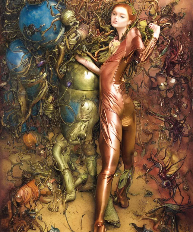 Prompt: a portrait photograph of a bestial mutated alien super villian with slimy skin and wings. she looks like sadie sink and is trying on a colorful infected bulbous shiny organic catsuit. by donato giancola, hans holbein, walton ford, gaston bussiere, peter mohrbacher and brian froud. 8 k, cgsociety, fashion editorial