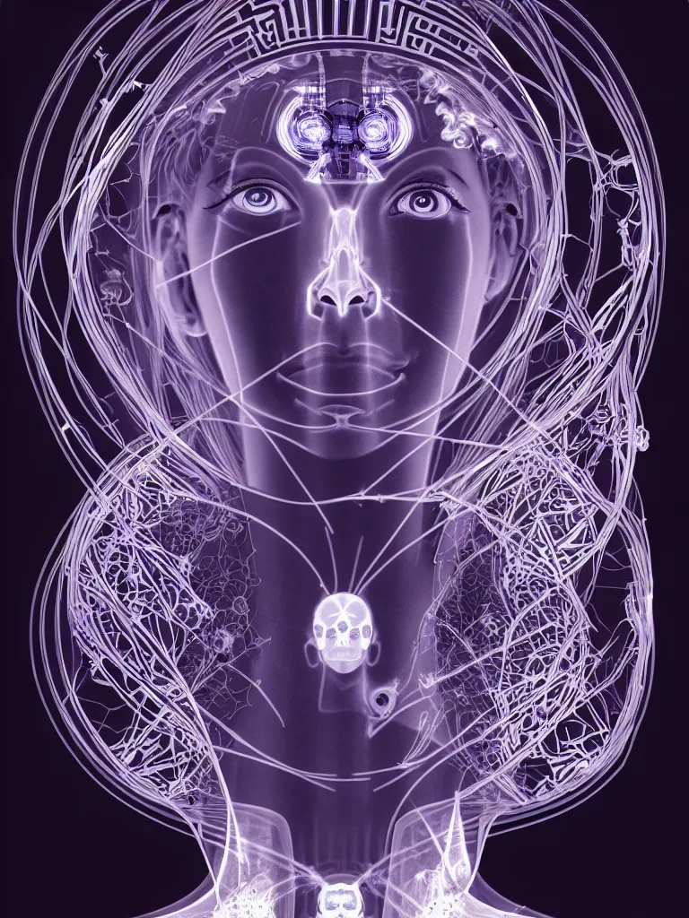 Prompt: x - ray bioscans of ai transhumanists, style mix of æon flux, shepard fairey, mobius, miura, pre - raphaelite, quantum ghost afterimage, achingly ethereal, wires, ultra detail, 4 k photorealistic,