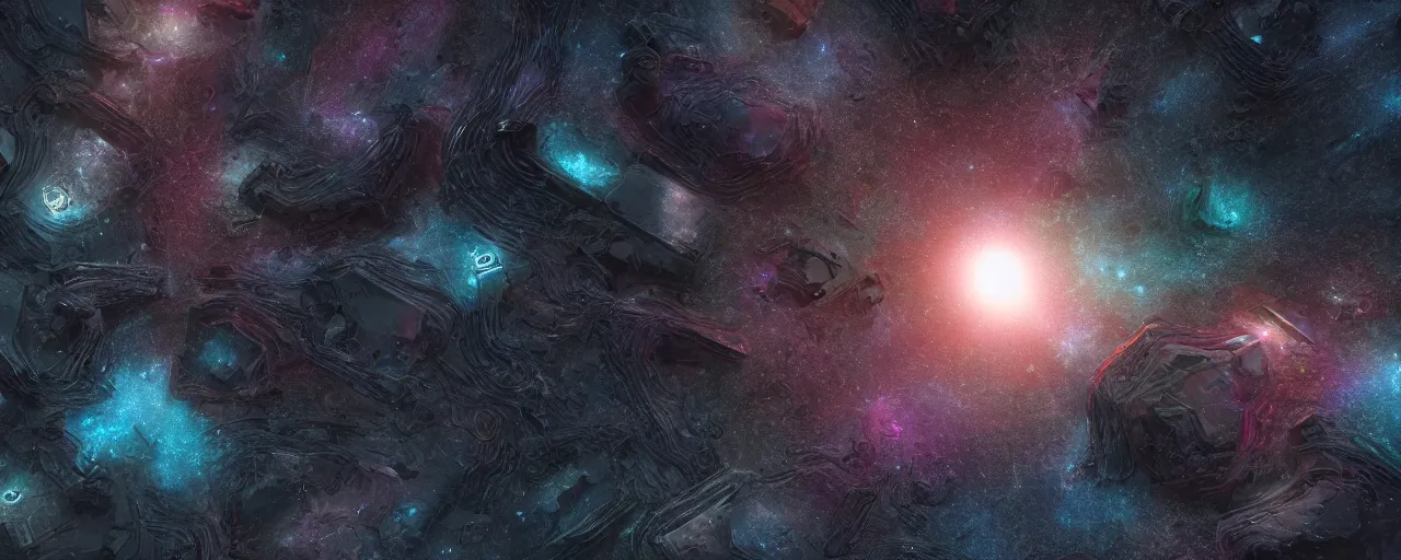 Image similar to dark galaxy panorama, fluid simulation, realistic lighting, dynamic lighting, space hive, octane render, houdini simulation, volumetric lighting, chiaroscuro, minimalist, color graded, cinematic lighting, deep, cinematic, bokeh, cinematic lut, by wayne barlowe