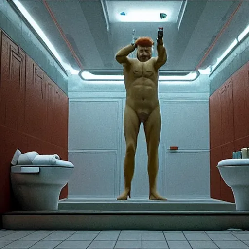 Image similar to hyperrealism aesthetic ridley scott and denis villeneuve style photography of a detailed giant, siting on a detailed ultra huge toilet and scrolling his smartphone in hyperrealism scene from detailed art house movie in style of alejandro jodorowsky and wes anderson