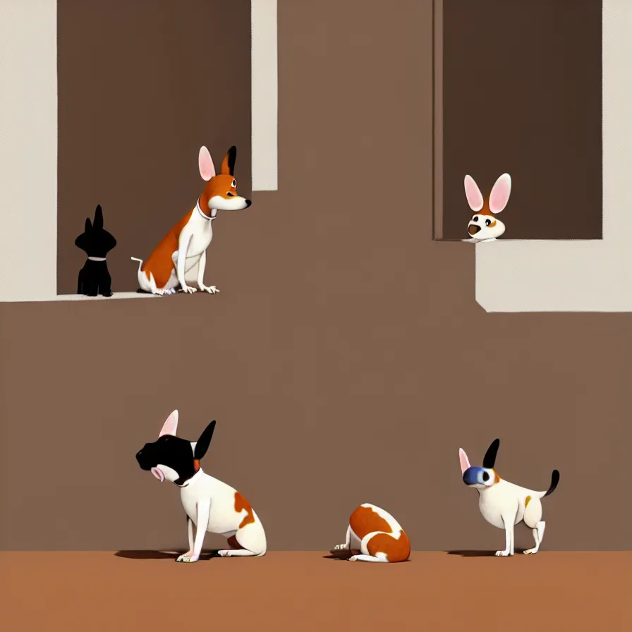 Prompt: Goro Fujita illustrating View from behind of a brown and white dog sitting, ears up and tail active, watching the living room window, art by Goro Fujita, sharp focus, highly detailed, ArtStation