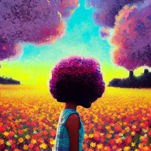 Image similar to afro made of flowers, full body, girl standing in a field with flowers, surreal photography, hills, big trees, sunrise dramatic light, impressionist painting, colorful clouds, digital painting, pointillism, artstation, simon stalenhag