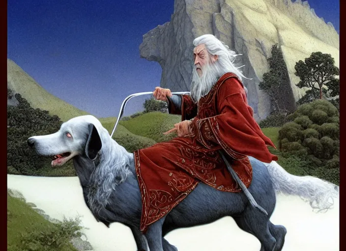 Prompt: Gandalf the White riding a dachshund, intricate artwork by Angus McBride, John Howe, Matthew Stewart, Ted Nasmith, highly detailed