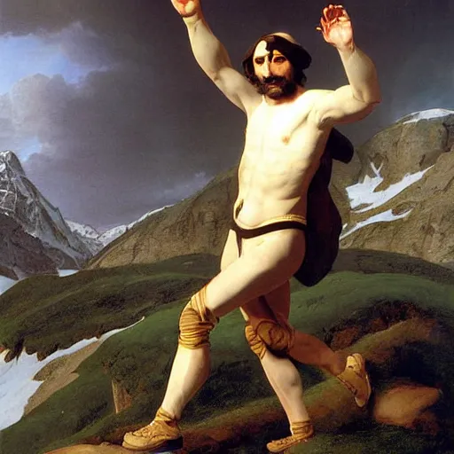 Image similar to steve jobs crossing the alps painting by jacques louis david.