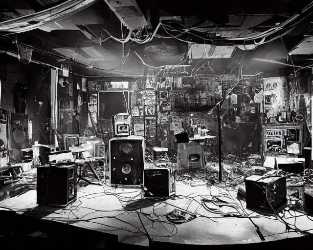 Prompt: diorama of a stage at a basement club, muted lights, broken vintage computers and cables, scattered glass shards, centered, composition by Tom Waits, 8k, concert documentary, b&w photography, cinematography by Jim Jarmusch, set design by Hundertwasser
