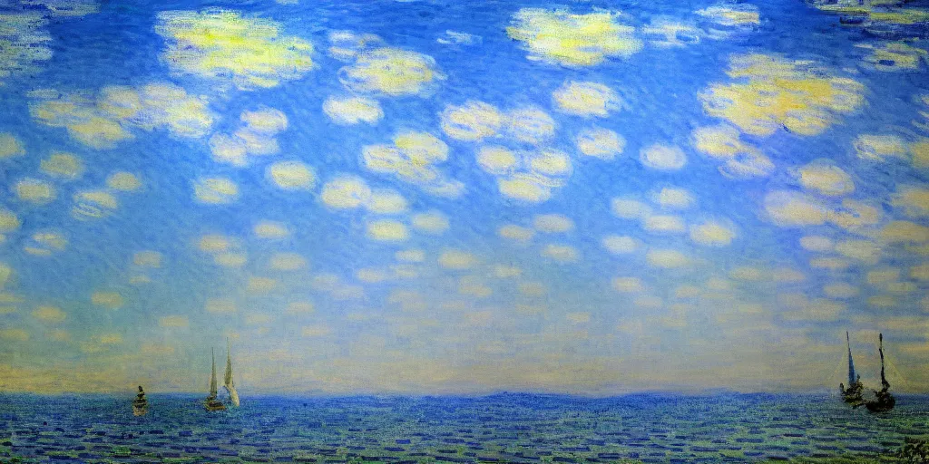 Prompt: blue sky, illustration, blueish, whiteish, dreamy, impressionism, claude monet style