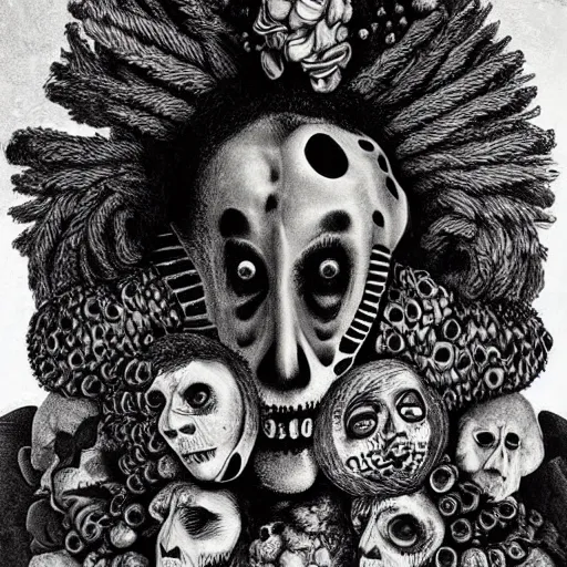 Prompt: punk album cover, no face, psychedelic, black and white, giuseppe arcimboldo