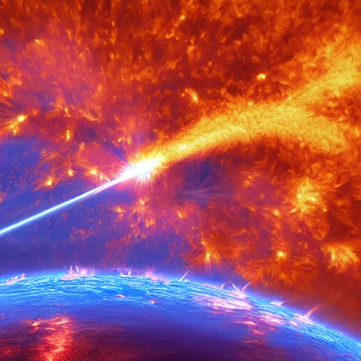 Image similar to The Sun spewing red and orange solar flares from its poles, distributing an enormous amount of energy, creating a superstorm that could catastrophically erupt the normality of space and time, satellite imagery, satellite visible light imagery, trending on artstation, 4k, 8k