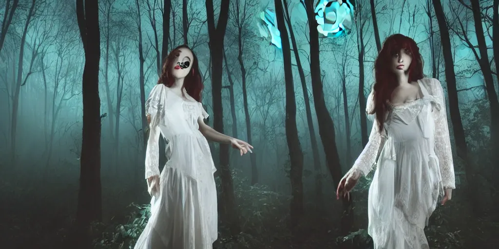 Image similar to a vampire woman in a white lace dress, standing in a dark forest with the moon shining brightly