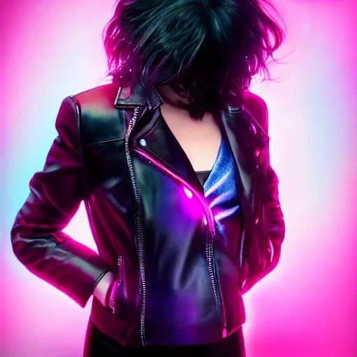 Prompt: a photo of 8k ultra realistic a black haired female in high heels and a black leather jacket, pink and blue neon, face enhance, cinematic lighting, trending on artstation, 4k, hyperrealistic, focused, extreme details, cinematic, masterpiece