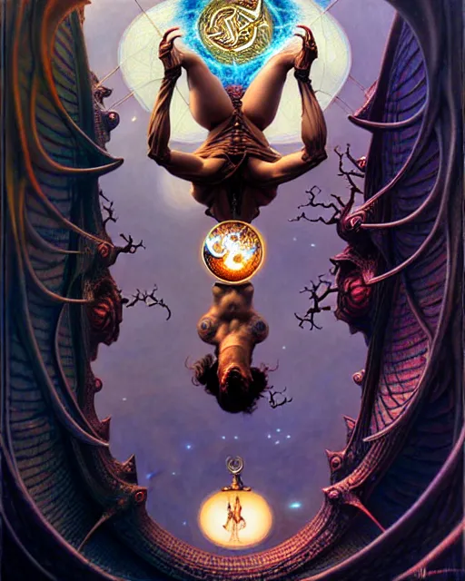 Image similar to man hanging upside down tarot card, fantasy character portrait made of fractals, ultra realistic, wide angle, intricate details, the fifth element artifacts, highly detailed by peter mohrbacher, hajime sorayama, wayne barlowe, boris vallejo, aaron horkey, gaston bussiere, craig mullins