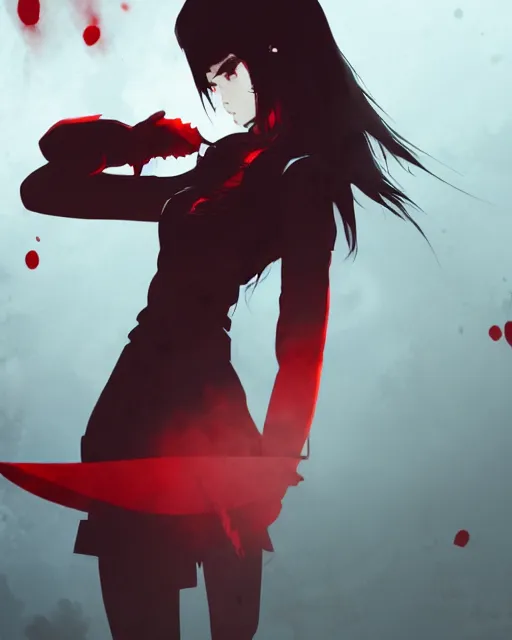 Image similar to vampire girl with wavy black hair wearing red, ominous dark background, ink, ilya kuvshinov, guweiz, svetlana tigai, greg rutkowski, studio trigger, ross tran, loish, anime