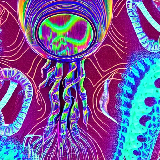 Prompt: detailed photograph of a psychedelic biomechanical robot jellyfish