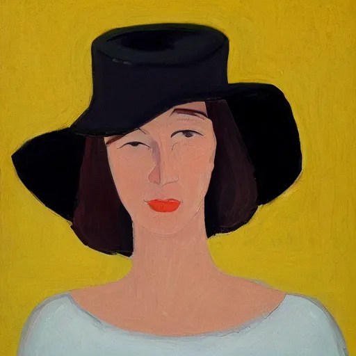 Image similar to woman with hat, by Alex Katz, colorful, yellow background, oil on canvas